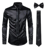 Mens Silk Dress Shirts 3Pcs(Shirt +Tie+Bowtie) Smooth Satin Shirt Men Slim Fit Party Prom Casual Shirts Men Social Camisa