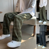 Joior Mid-Rise Elastic Waistband Men Pants Pockets Straight Wide Leg Casual Trousers Plaid Print Drawstring Loose Corduroy Pants