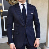 Joior 2 Piece Pinstripe Men's Suit Slim Fit for Formal Wedding Tuxedo Notched Lapel Navy Blue Striped Business Groom Male Fashion