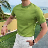 Joior British Style Summer Ice Silk Short Sleeve Knitted T Shirts Men Simple Pure Color O-Neck Casual Slim Tee Shirt Top Homme M-3XL