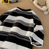 Japanese Summer Retro Men and Women Trend Striped Round Neck Short Sleeved Couple Loose Personality Casual T-shirt Harajuku Top