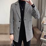 Joior Houndstooth Lapel Mid-Length Men Windbreaker Coat Winter Suit Collar Fashion Print Casual Overcoat Jacket Streetwear Social Coat