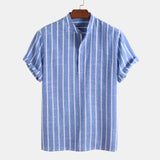 Joior Cotton Linen Shirt Men's Summer Short-sleeved Striped Shirts Solid Color Turn-down Collar Casual Beach Style Blouse Top Pullover