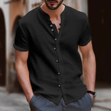 Joior Cotton Hemp Hot Sell Men's Short Sleeve Shirt Summer Solid Color Stand Collar Casual Beach Style Shirt