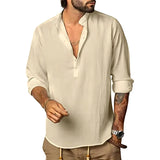 Joior Mens Long Sleeve Shirt Casual Cotton Linen Shirts Autumn Lightweight Breathable Henley T-Shirts Solid Color Hawaiian Streetwear