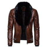 Joior Red Men's Punk Removable Fur Collar Rivets Pressed Cotton Thick Windproof Motorcycle Leather Jacket Jacket