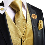 Joior High Quality Silk Mens Vests Champagne Paisley Waistcoat Neck Tie Hanky Cufflinks Brooch Set for Men Suit Wedding Office