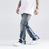 Joior Blue Speckle ink Washed Destroyed Flared Jean Pants Hip Hop Graffiti Ripped Denim Jeans Men Streetwear Vintage Wide Leg Jeans