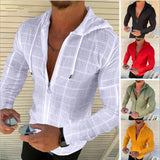 Mens Zip Up Hooded White Plaid Tshirts Hip Hop Long Sleeve Cardigan T Shirt For Men Oodie Tee Shirts Tops Camisetas