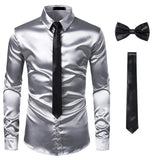 Joior Black Mens Silk Dress Shirts 3Pcs(Shirt +Tie+Bowtie) Smooth Satin Shirt Men Slim Fit Party Prom Casual Shirts Men Social Camisa