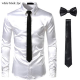 Joior Black Mens Silk Dress Shirts 3Pcs(Shirt +Tie+Bowtie) Smooth Satin Shirt Men Slim Fit Party Prom Casual Shirts Men Social Camisa