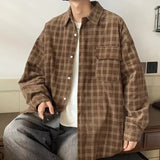 Joior Autumn Plaid Corduroy Men Shirts 2024 New Y2K Streetwear Workwear Blouses Retro Long Sleeve Cargo Shirt Loose Casual Tops