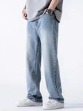 Joior Spring Autumn Men's Jeans Straight Denim Pants Banding Waist Cotton Streetwear Wide Leg Loose Casual Blue Long Jeans Trousers