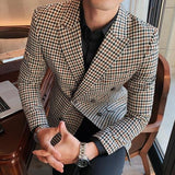 Joior British Style Mens Slim Fit Houndstooth Blazer Men New Simple Double Breasted Business Office Wedding Dress Suit Jacket