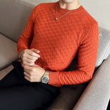 Joior Autumn Winter Stretch Jacquard Woven O-Neck Sweater Men's Waffle Slim Fit Long Sleeve Knitted Pullovers Casual Streetwear Homme