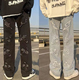  Men's Denim Pants Fashion Loose Wide Leg Jeans Casual Streetwear Printed Cross Trousers jeans Pants Baggy Men Jeans