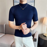 Joior Autumn High Quality Short Sleeve Knitted T Shirts  Men Slim Solid Pullovers Half Turtleneck Casual Stretched Tee Shirt Homme