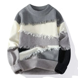 Joior men's winter outfits Hole Fringed Sweaters Retro Tasseled Knitwear Patchwork Color Knitwear Round Neck Pullover Knit Sweater Couple Long Sleeve Tops