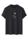 Cotton T-shirt for Men Birds Pattern Short Sleeves Round Neck Tee Unisex Streetwear Slight Stretch Essential Tops