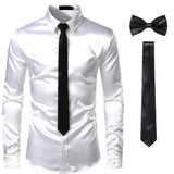 Joior Black Mens Silk Dress Shirts 3Pcs(Shirt +Tie+Bowtie) Smooth Satin Shirt Men Slim Fit Party Prom Casual Shirts Men Social Camisa