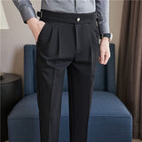  British Style Autumn New High Waist Dress Pants Men Belt Design Slim Fit Suit Pants Formal Office Social Wedding Party Trousers