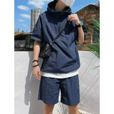 Joior 2Pcs Men Summer Tracksuit Shorts Set Hooded T Shirt Zipped + Matching Shorts Solid Cargo Large Size Casual Suit 4XL Male Clothes