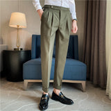 Joior British Style Men High Waist Casual Business Dress Pants Streetwear New Fashion Social Belt Decoration Slim Fit Suit Pants