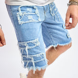 Joior Summer Men Streetwear Ripped Patch Denim Shorts Stylish Solid Casual Straight Male Jeans Five-point Pants