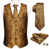 Joior 4PC Mens Extra Silk Vest Party Wedding Gold Paisley Solid Floral Waistcoat Vest Pocket Square Tie Suit Set