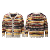 Joior Retro Rainbow Striped Cardigan Sweater Men's Autumn New Trendy Su Outwear Y2k Knitwears Oversize Raw Edges Frayed Sweatercoat