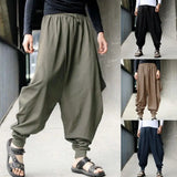 Joior Men Harem Baggy Pants Men Hakama Linen Casual Wide Leg Mens Pants Japanese Trousers Men Cross-pants Crotch Pants Pantalon