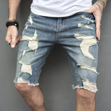 Joior New Men Summer Streetwear Slim fit Ripped Denim Shorts Stylish Holes Solid Casual Straight Jeans Male Five-point Pants