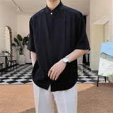 Joior Daily Casual Mens Shirt Pure Color Pleated Buttoned Stand Collar Loose Tops Shirt Summer Fashion Half Sleeve Shirts Streetwear