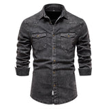 Cotton Men Denim Shirts Double Pocket Solid Color Casual Male Cowboy Shirts New Autumn Slim Quality Shirts for Men