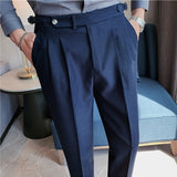 Joior British Style Men High Waist Casual Business Dress Pants Streetwear New Fashion Social Belt Decoration Slim Fit Suit Pants