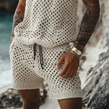 Joior 2024 Men's Summer Casual Knit Two-piece Sets Fashion Solid Loose Tank Tops and Shorts Beach Sport Suit Men Hollow Out Streetwear