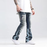 Joior Blue Speckle ink Washed Destroyed Flared Jean Pants Hip Hop Graffiti Ripped Denim Jeans Men Streetwear Vintage Wide Leg Jeans