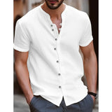 Joior Cotton Hemp Hot Sell Men's Short Sleeve Shirt Summer Solid Color Stand Collar Casual Beach Style Shirt