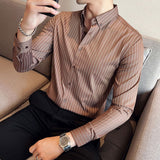 Joior British Style Striped Shirts Mens Long Sleeve Silky Slim Casual Shirts Luxury Men Business Social Party Dress Shirt Streetwear