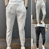 Joior Men Harem Pants Striped Drawstring Elastic Waist Slim Fit Streetwear Spring Autumn Stretch Ankle Tied Pencil Pants for Daily