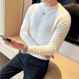 Stretch Jacquard Woven O-Neck Sweater Men's Waffle Slim Fit Long Sleeve Knitted Pullovers Casual Streetwear Homme