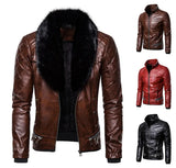 Joior Red Men's Punk Removable Fur Collar Rivets Pressed Cotton Thick Windproof Motorcycle Leather Jacket Jacket