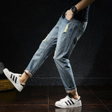 Joior New Men's Jeans Ripped Cropped Pants Straight Leg Foot Turn-up Pants