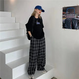 Joior Black and Pink Plaid Pants Oversize Women Pants High Waist Loose Wide Leg Trousers Ins Retro Teens Straight Trousers Streetwear