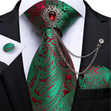 Joior Fashion Green Dot Red 8cm Men's Silk Tie Business Wedding Party Necktie Handkerchief Brooch Cufflinks Set Men's Gift Tie DiBanGu