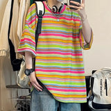 Joior Summer Street Men and Women Trendy Personality Colorful Stripe Hip Hop Round Neck Short Sleeve Couple Loose Casual T-shirt Top