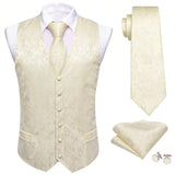 Joior 4PC Mens Extra Silk Vest Party Wedding Gold Paisley Solid Floral Waistcoat Vest Pocket Square Tie Suit Set