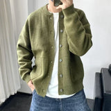 Joior Man Clothes Round Collar Plain Knitted Sweaters for Men Crewneck Solid Color Cardigan Green Black Japanese Harajuku Fashion Neck