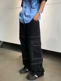 Black Multi Pocket Loose Wide Leg Jeans Men'S Y2k Casual Fashion Jeans Cargo Pants Side Large Pocket Street Men'S Wear