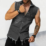 Joior 2024 Spring/Summer New Men's Denim T-shirt With Lapel, Sleeveless Cardigan, Single Breasted Top Pocket